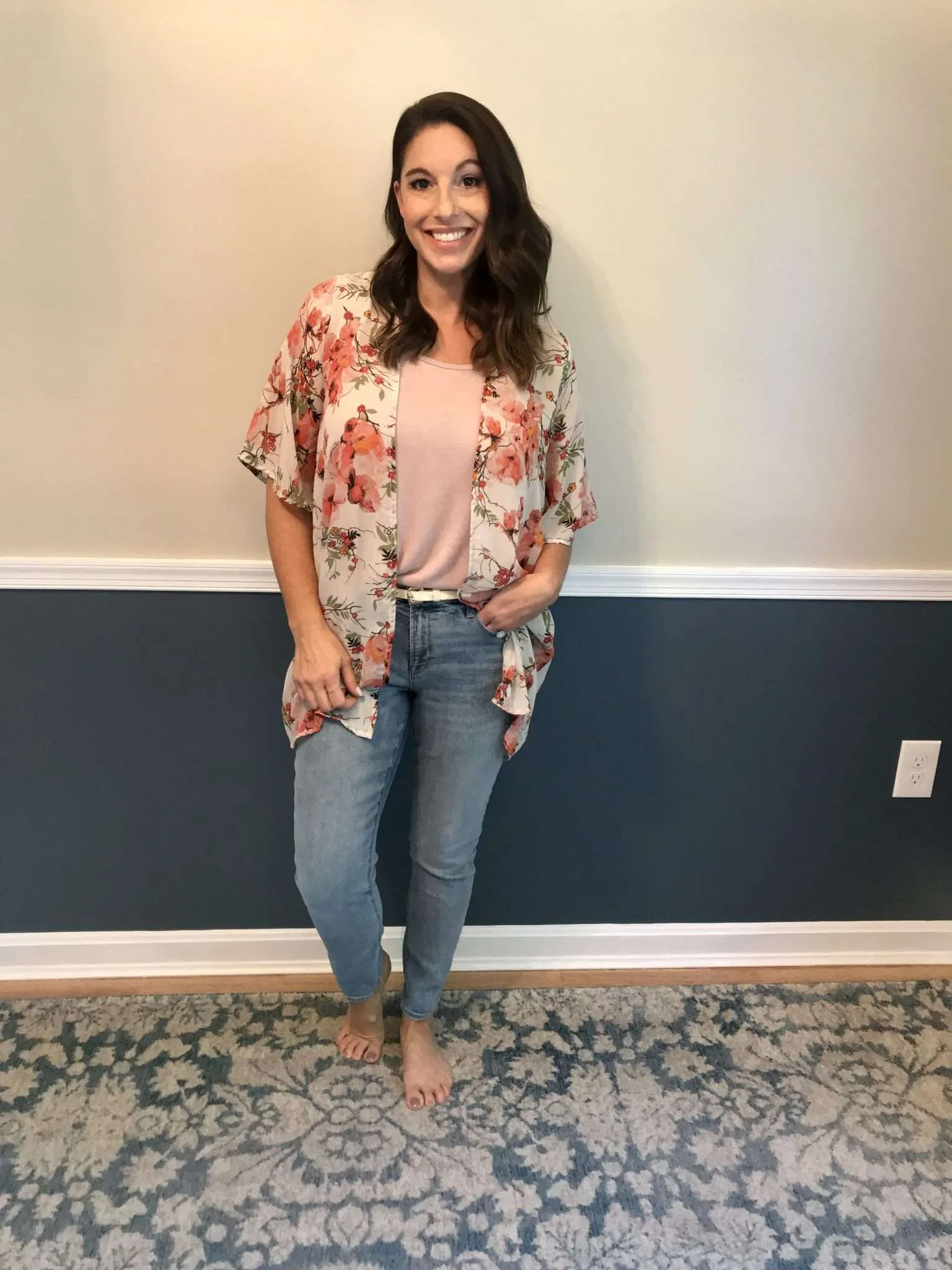 Cute Comfy Casual Outfit Idea for What to Wear At Home Around the House - Light wash jeans, color tee and spring kimono