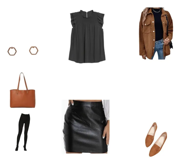 style your shacket with a leather skirt and blouse with loafers for date night