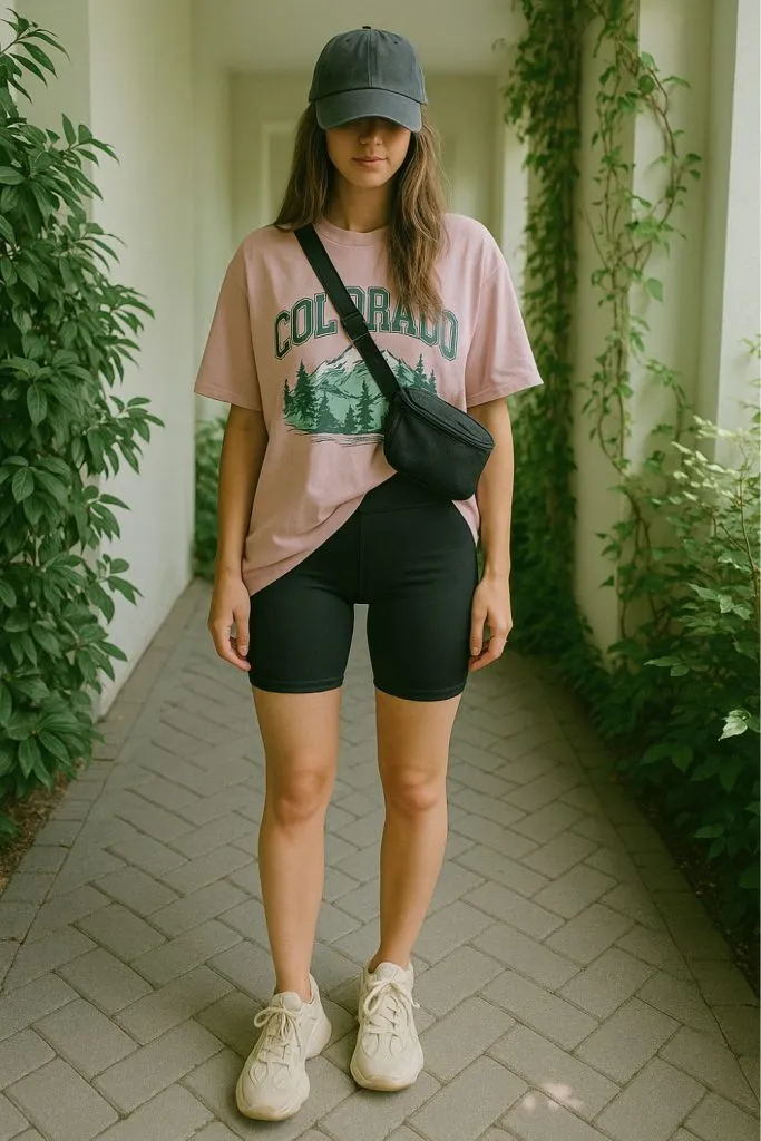 Mom wearing a pink Colorado graphic tee, black bike shorts, cream sneakers, black belt bag, and a dark baseball cap—summer athleisure look with greenery in the background.