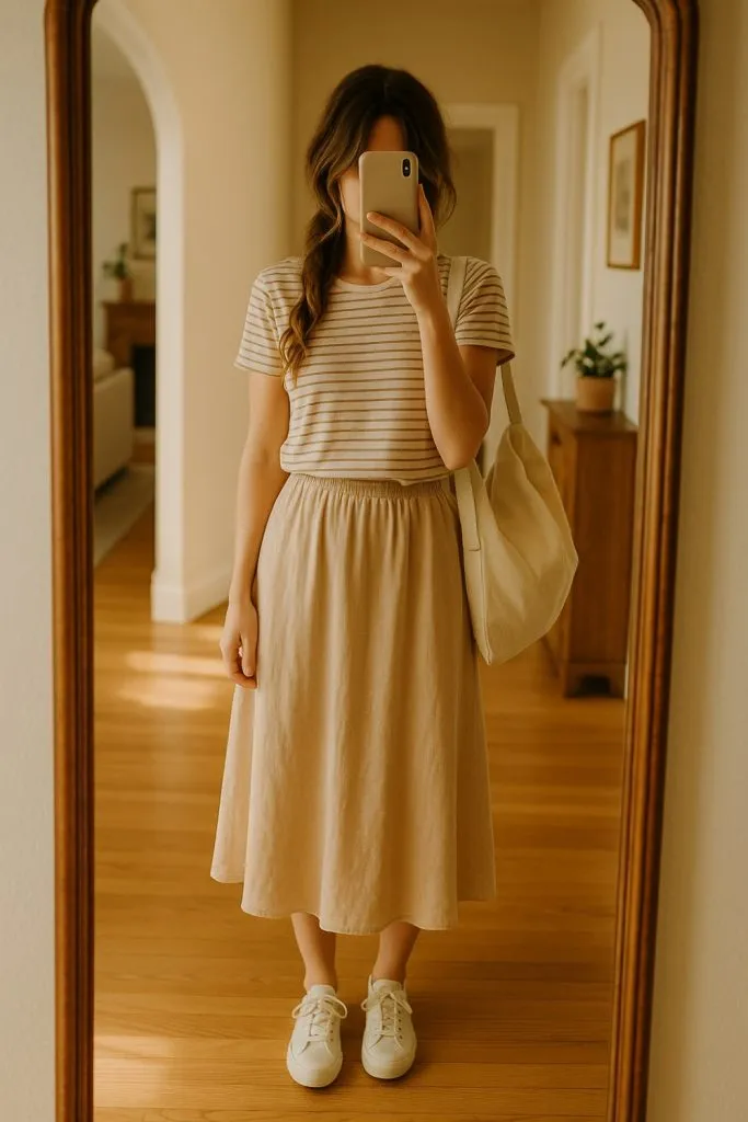 Woman in a striped tee, flowy tan midi skirt, white sneakers, and neutral tote bag, standing in a warmly lit hallway.