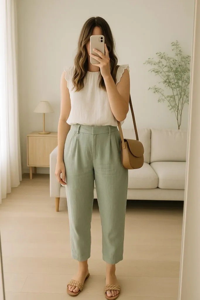Woman wearing a white ruffle sleeve top tucked into sage green high-waisted linen pants, with nude sandals and a tan crossbody purse.