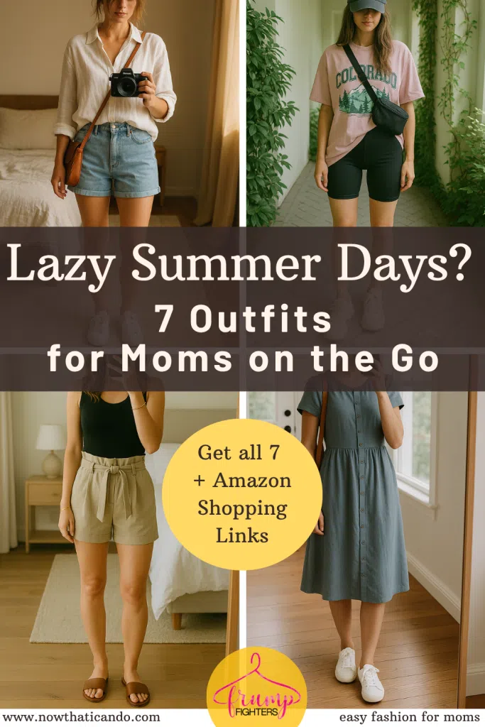 Image shows four outfit ideas for moms, including shorts, biker shorts, and a casual dress. Overlay text: “Lazy Summer Days? 7 Outfits for Moms on the Go. Get all 7 + Amazon Shopping Links.”