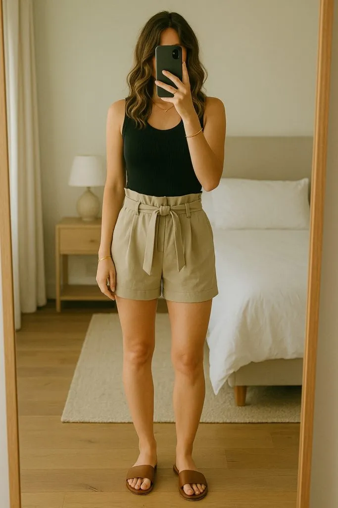 Woman wears a black tank top tucked into high-waisted beige paperbag shorts with a waist tie, paired with brown slide sandals.
