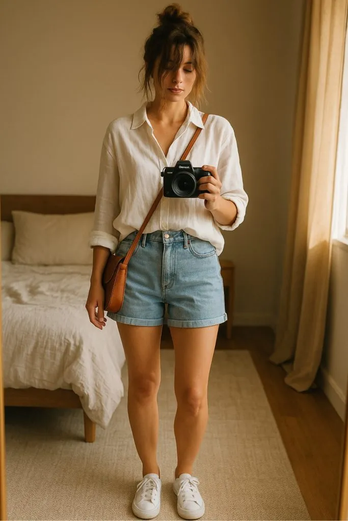 Woman in a white linen button-up shirt tucked into light wash denim shorts, white sneakers, and crossbody brown purse, holding a camera.