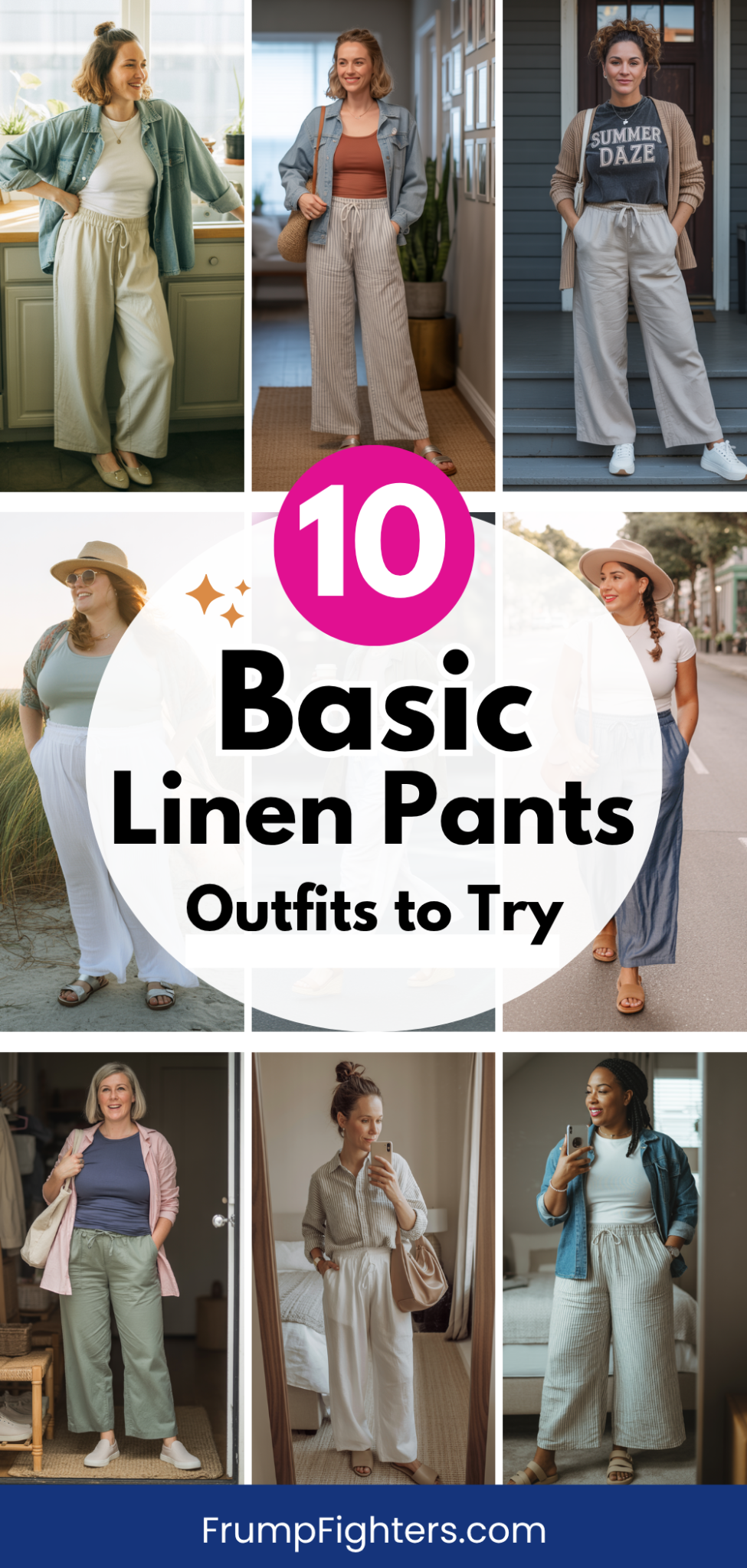 Collage of nine different basic linen pants outfits for moms. Text on image says "10 Basic Linen Pants Outfits to Try." Features casual looks styled with denim jackets, striped pants, wrap tops, graphic tees, and more. Showcases a wide range of linen pants outfit ideas for easy everyday wear.