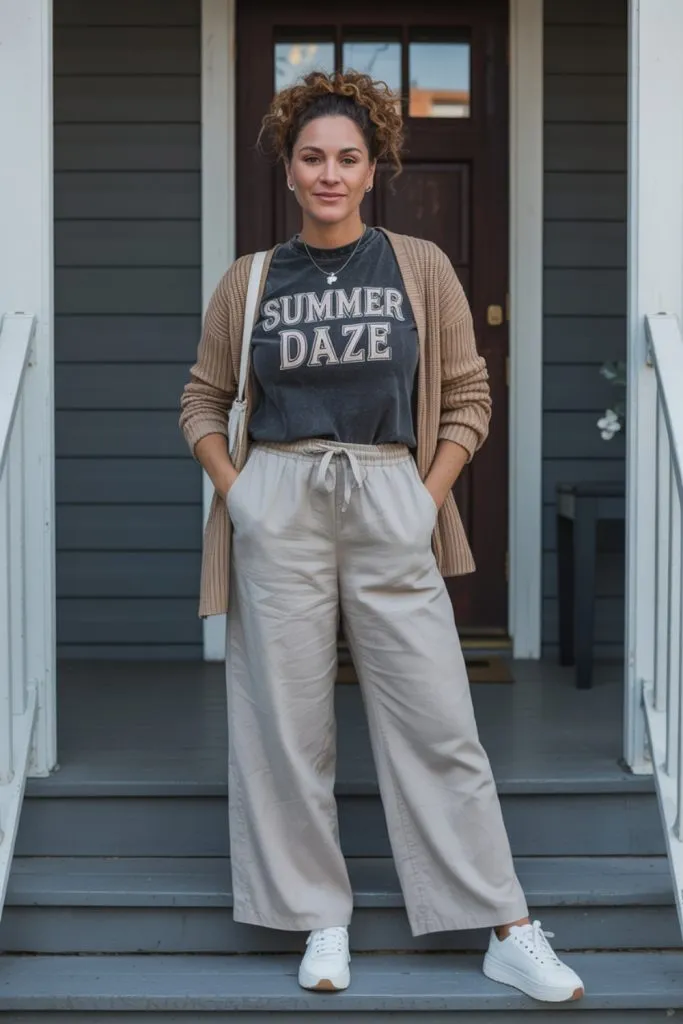 woman on porch wearing tan linen pants with graphic t-shirt, brown cardigan, and white sneakers
