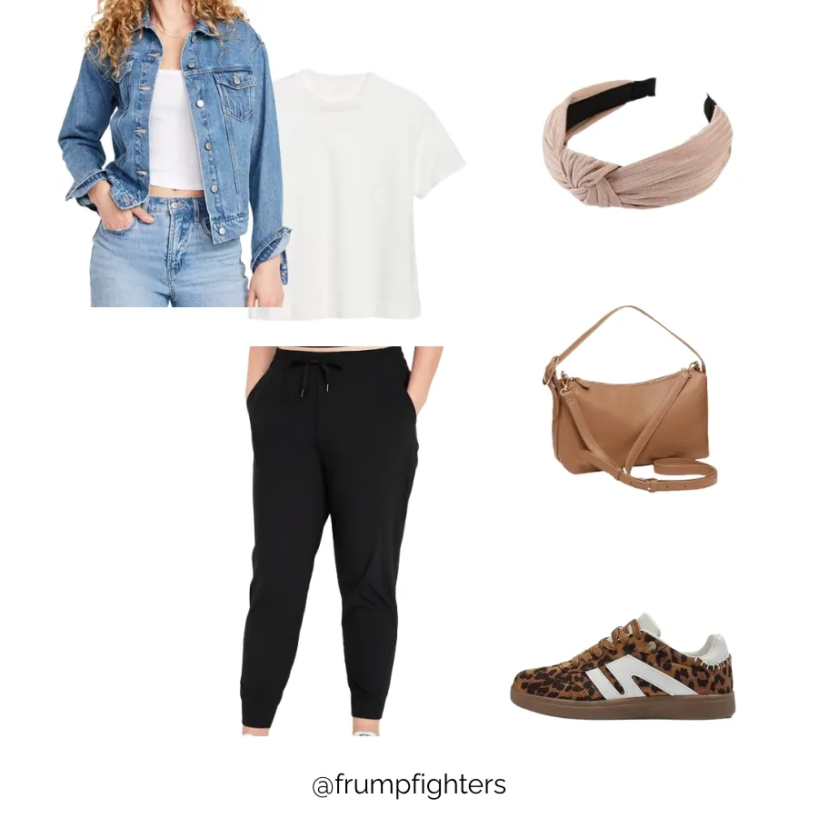 Flat lay of an everyday fall outfit featuring a denim jacket, white tee, black joggers, tan crossbody bag, blush headband, and leopard sneakers — a cute and casual fall outfit idea for moms that’s comfortable and perfect for daily wear.