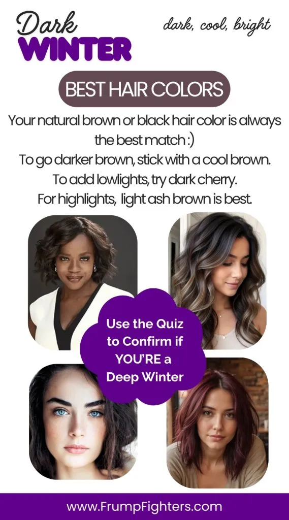 Examples of Deep Winter hair colors including espresso, cool brown, and burgundy with quiz reminder and female models.