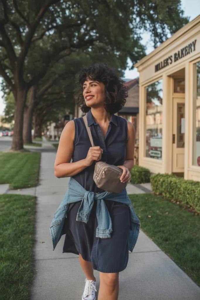 Stylish mom in a navy sleeveless shirt dress with white sneakers and a denim jacket tied at the waist, walking near a bakery.