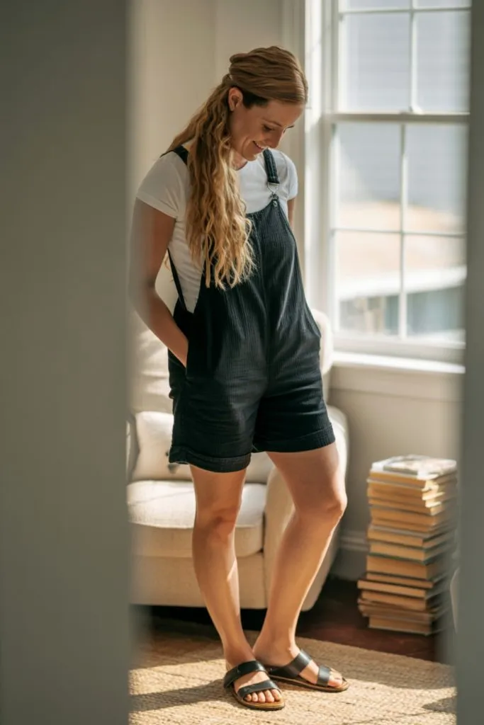 Mom in relaxed black short overalls and a white t-shirt paired with brown sandals, standing in a cozy room.