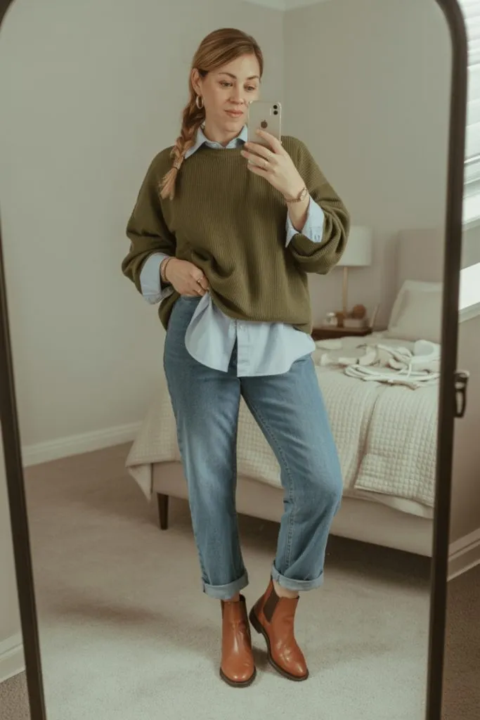 woman in olive green sweater layered over a chambray shirt with cuffed jeans and brown ankle boots taking a mirror selfie