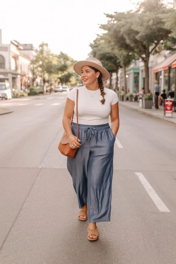 woman walking down the street in chambray linen pants, white tee, tan crossbody, and wide-brim hat