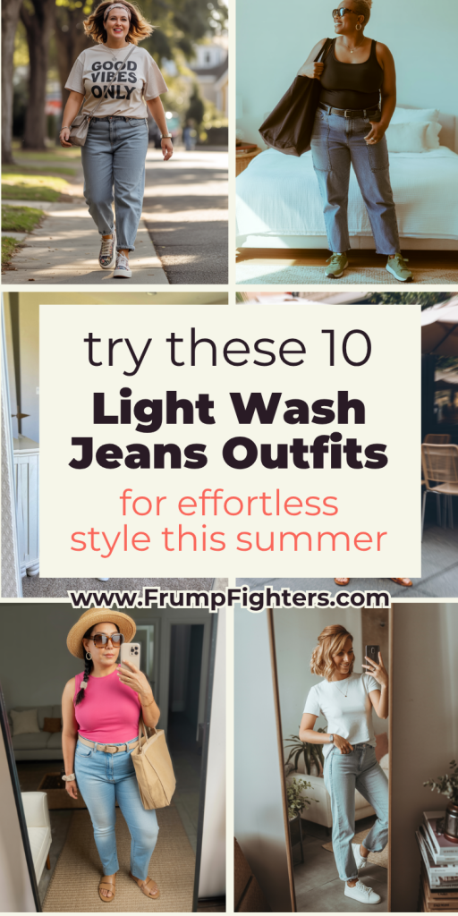 Pin shows 10 summer outfits with straight leg jeans for women featuring light wash, white, and relaxed fits. Text reads “Try these 10 Light Wash Jeans Outfits for effortless style this summer.