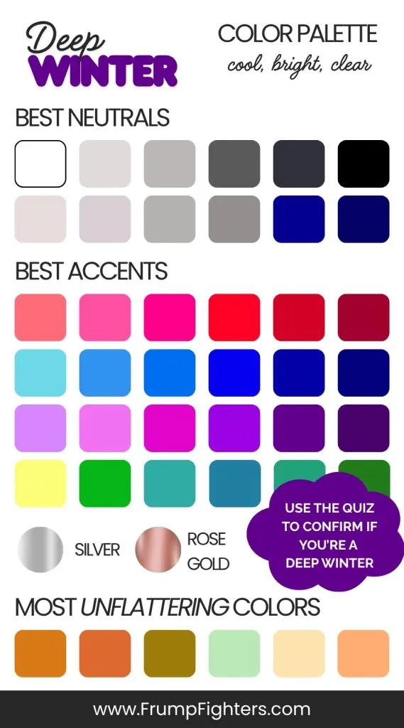 Color chart showing Deep Winter neutrals and jewel-toned accents, with labeled worst colors and quiz overlay.