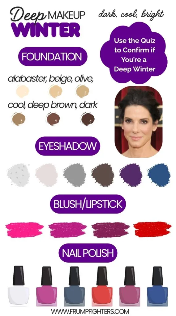 Deep Winter makeup guide with color swatches for foundation, blush, eyeshadow, lipstick, and nail polish options.