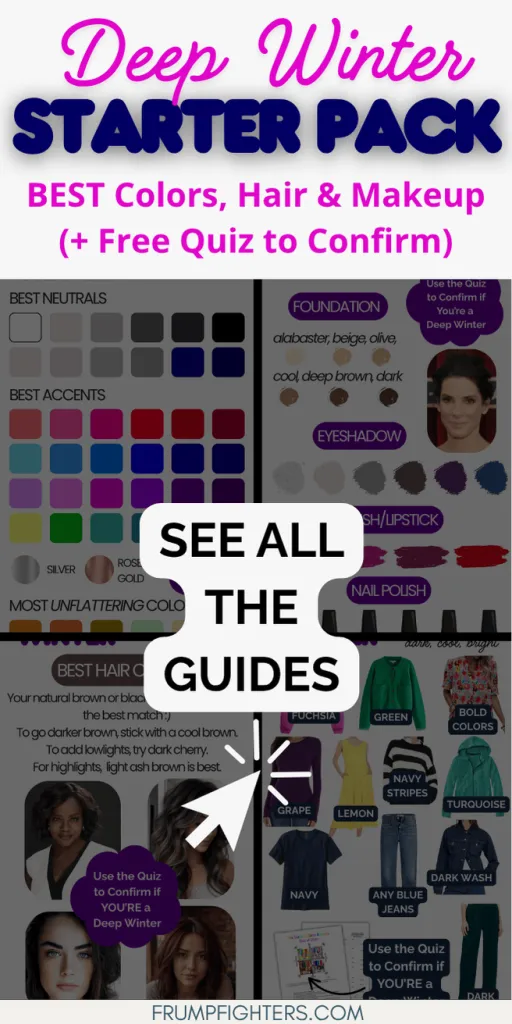Infographic shows Deep Winter starter pack with outfit examples, makeup, hair ideas, and quiz link to confirm color season.
