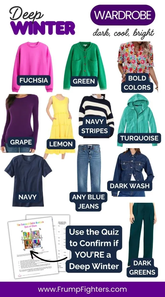 Deep Winter wardrobe collage with labeled bold colors like navy, fuchsia, grape, turquoise, and denim jeans.