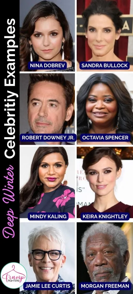 Grid of 8 celebrity portraits labeled with names, showing Deep Winter examples for both women and men with bold, cool-toned coloring.