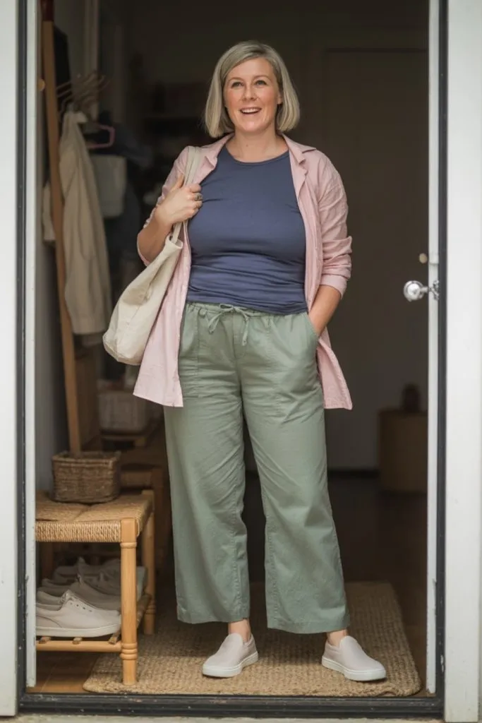 woman wearing green linen pants with navy tee and pink button-up shirt, carrying a tote bag