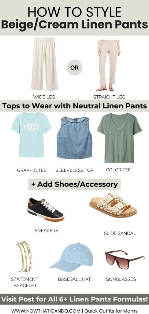 text on image says "HOW TO STYLE Beige/Cream Linen Pants" and "Visit Post for All 6+ Linen Pants Formulas!"; includes wide-leg and straight-leg pants with graphic tees, sleeveless tops, sandals, sneakers, and accessories