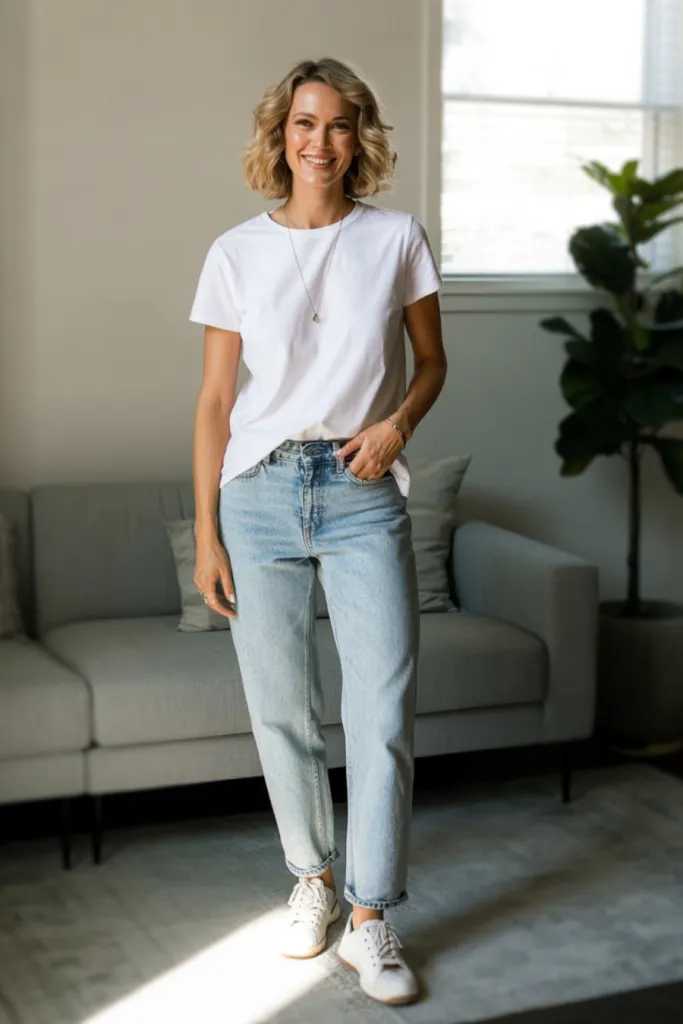 Woman wearing a casual straight leg jeans outfit with a white t-shirt and white sneakers; great example of how to wear straight leg jeans with sneakers