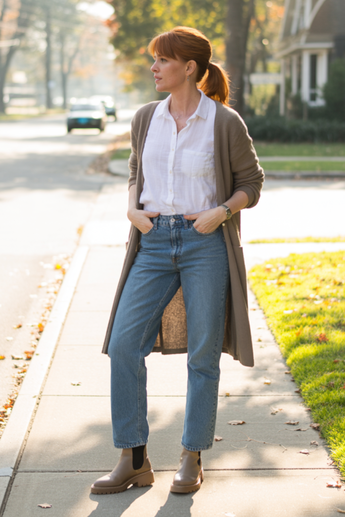 Woman wearing straight leg jeans with white shirt and brown long cardigan, walking outdoors in fall. Text: 7 Easy Fall Outfits.