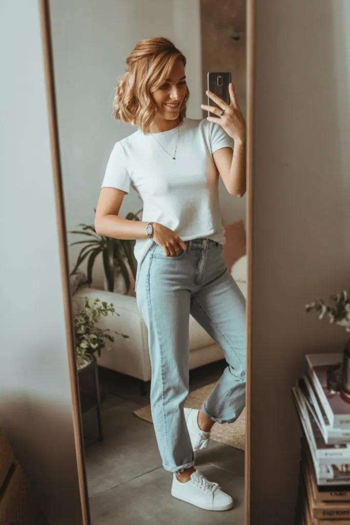 Woman wears light straight leg jeans, white tee, and sneakers in a cozy indoor mirror selfie