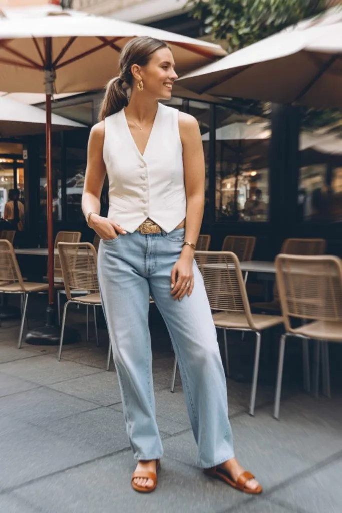 Woman wears light blue straight jeans with a white vest and brown slide sandals outdoors
