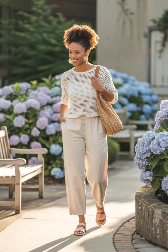 Linen pants outfit idea featuring a cream crochet sweater, wide leg beige linen pants, and a straw bag, styled in a garden setting.