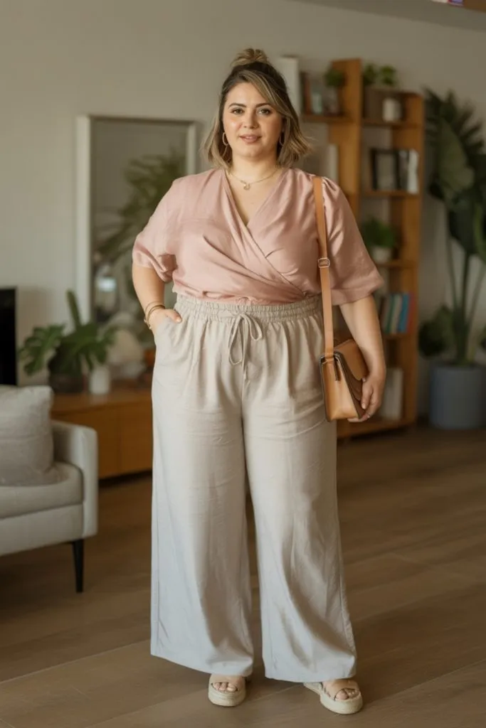 Stylish linen pants outfit idea with taupe wide-leg pants and a soft pink wrap top, paired with wedge espadrille sandals for a feminine touch.