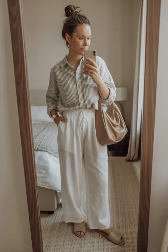 Mirror selfie of a breezy linen pants outfit idea with a striped button-up and white linen pants, accessorized with nude slide sandals and a slouchy tan purse.