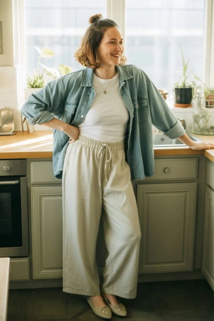 Casual linen pants outfit idea with a white fitted tee and oversized denim jacket, styled with wide leg tan linen pants and flats in a cozy kitchen.