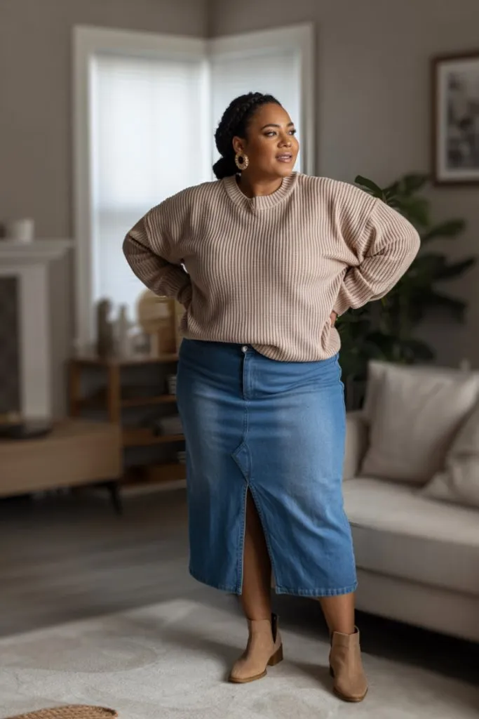 Neutral oversized sweater with denim midi skirt and ankle boots – fall outfit idea for curvy plus size women
