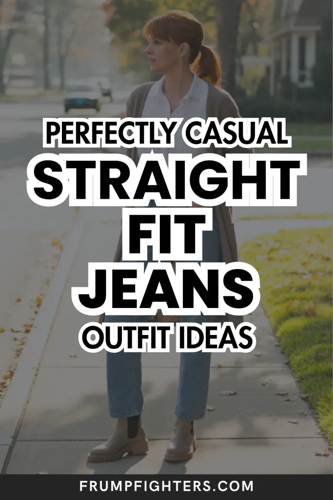 Red-haired woman in fall outfit with straight fit jeans and brown boots; text on image says “Perfectly Casual Straight Fit Jeans Outfit Ideas”

