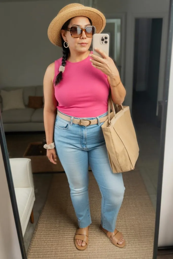Woman in hot pink tank and slim straight jeans with sandals and straw hat in mirror selfie