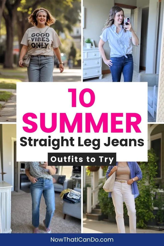 Pin collage shows 5 women in straight leg jeans with tops for summer. Text reads “10 Summer Straight Leg Jeans Outfits to Try.”