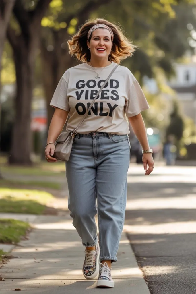 Woman in graphic tee and light wash straight jeans walking in sneakers outdoors smiling