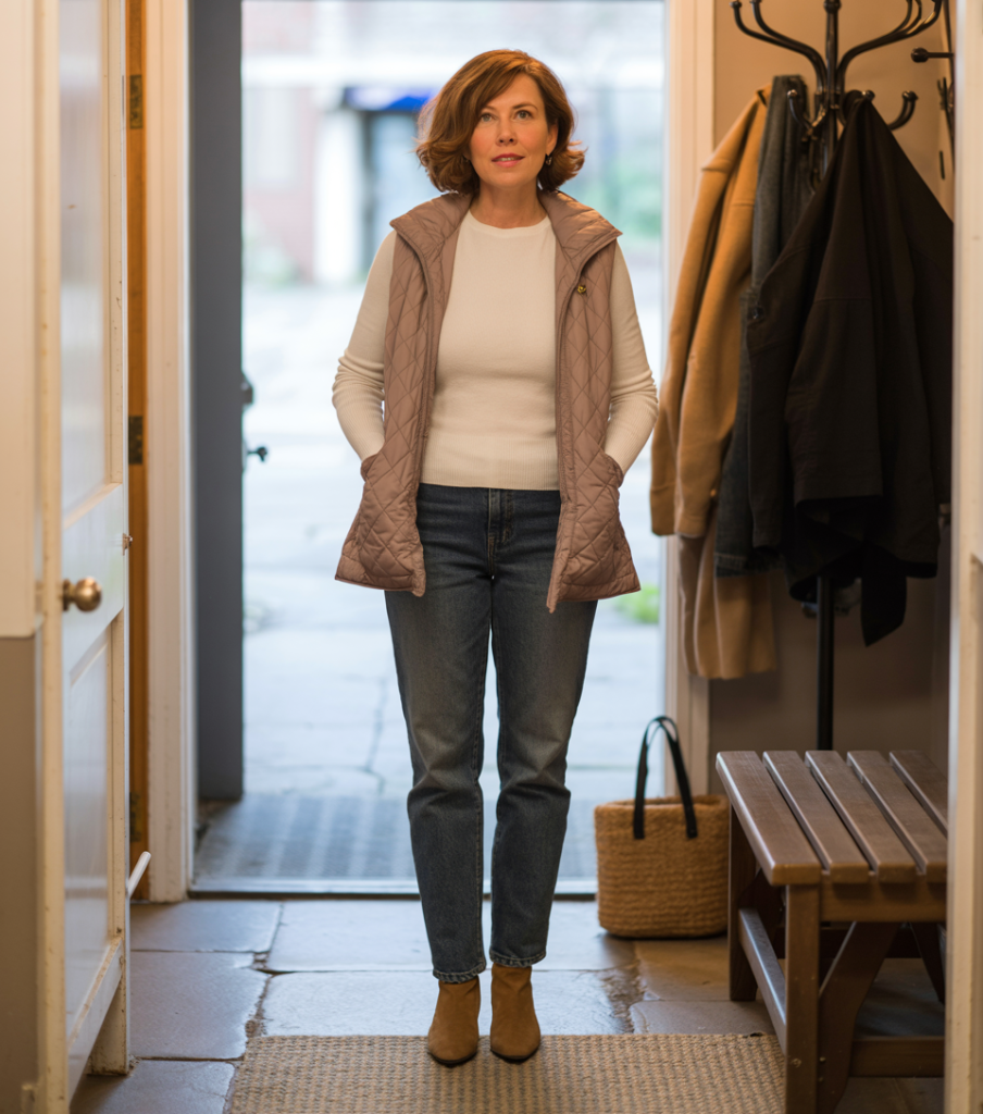 Woman in straight leg jeans, white top, quilted vest, and ankle boots in fall entryway.