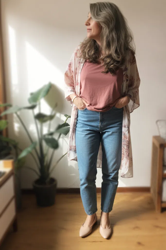 Woman in spring straight jeans outfit with floral kimono, pink tee, and beige flats