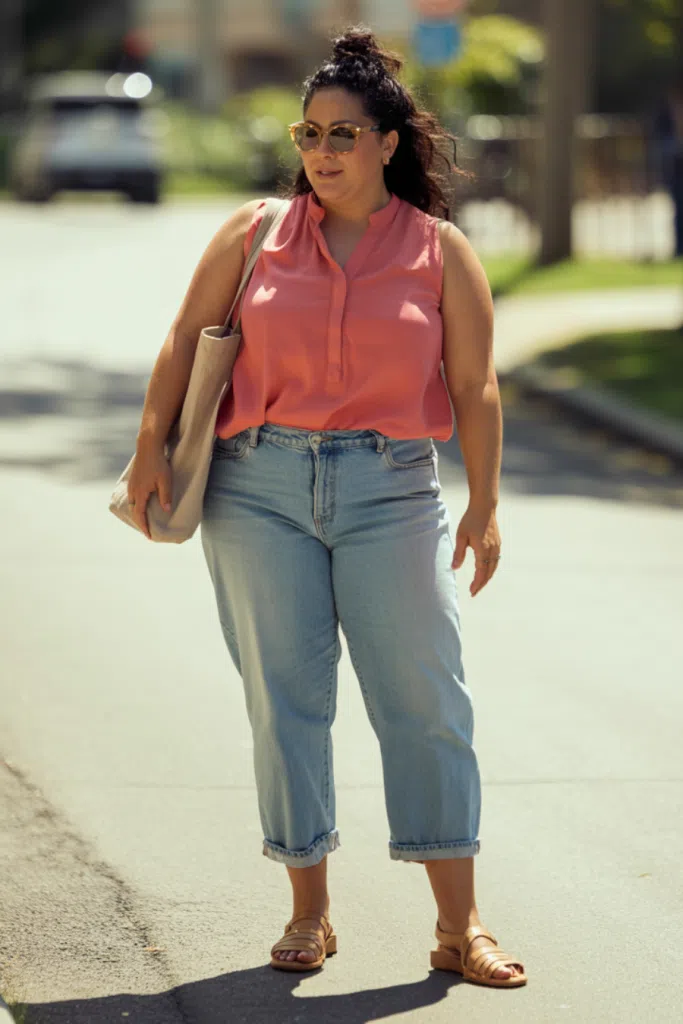 Curvy woman in straight leg jeans and sandals with a sleeveless coral blouse; styled for summer
