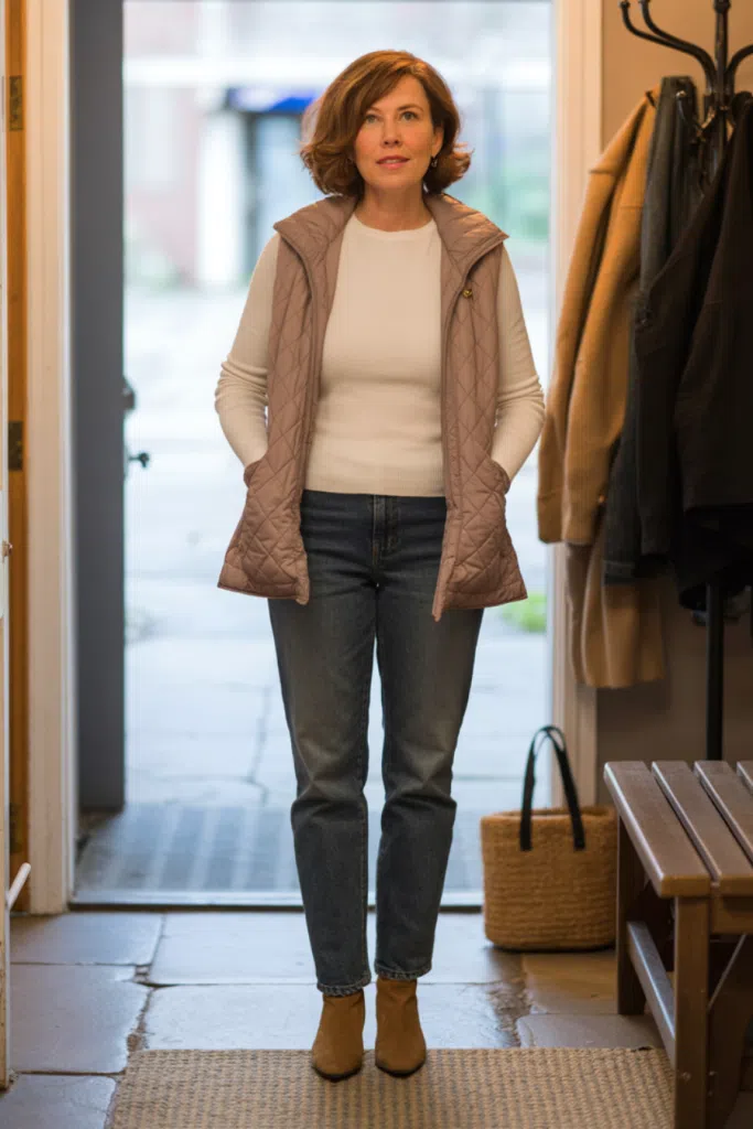 Straight leg jeans winter outfit with dark wash jeans, fitted white sweater, brown ankle boots, and quilted vest