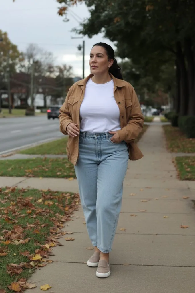 Woman wearing tan shacket, white tee, light wash jeans, and sneakers walking outside.