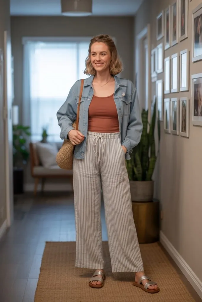 woman in hallway wearing striped linen pants outfit with rust tank and light denim jacket, carrying straw bag