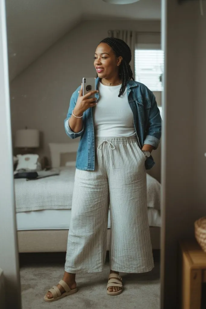 woman takes mirror selfie in striped linen pants outfit with white tee and denim jacket, styled with nude sandals