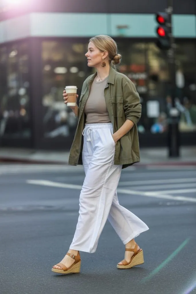 woman crossing city street in white linen pants with olive utility jacket and taupe tank, styled with wedge sandals and a coffee in hand.
