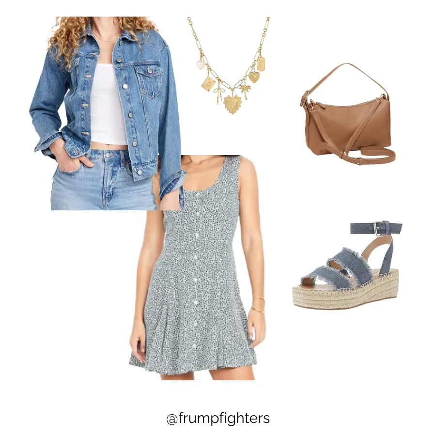 Flat lay of a summer teacher outfit featuring a black-and-white sleeveless dress, denim jacket, tan crossbody bag, gold charm necklace, and denim wedge sandals — a cute, comfy, and teacher-appropriate summer look perfect for warm weather and back-to-school season