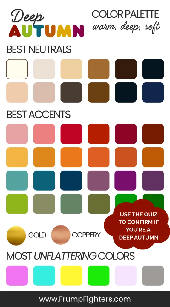 Deep Autumn color palette with wardrobe colors and free seasonal color quiz.