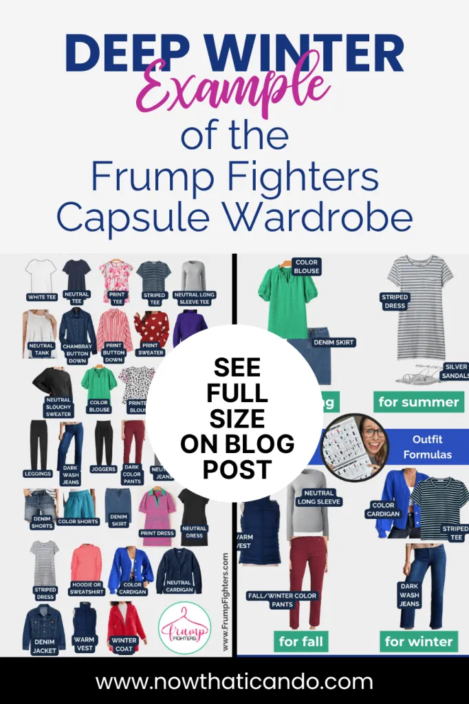 Visual collage showing Deep Winter capsule wardrobe essentials and 4 outfits for all seasons with cool-toned clothing examples.