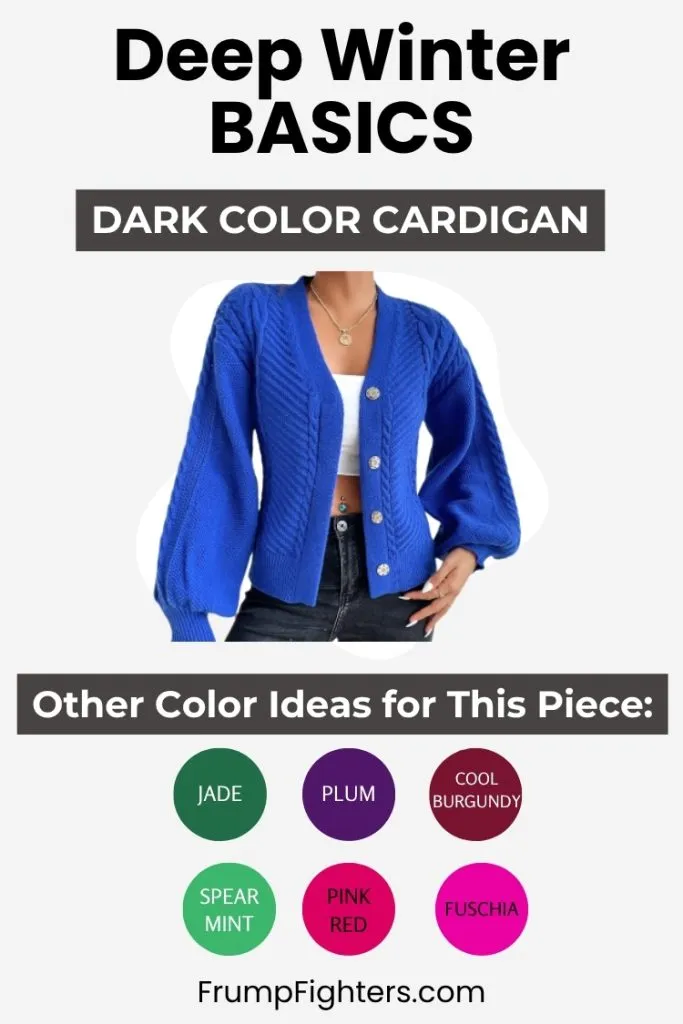 Royal blue cardigan outfit shown with jewel tone color ideas like plum and fuschia for Deep Winter.