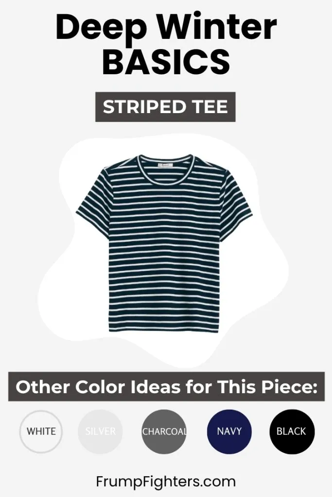 Navy and white striped tee labeled as a Deep Winter basic with color swatches for pairing.